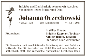 Traueranzeige von Johanna Orzechowski von Pegnitz-Zeitung